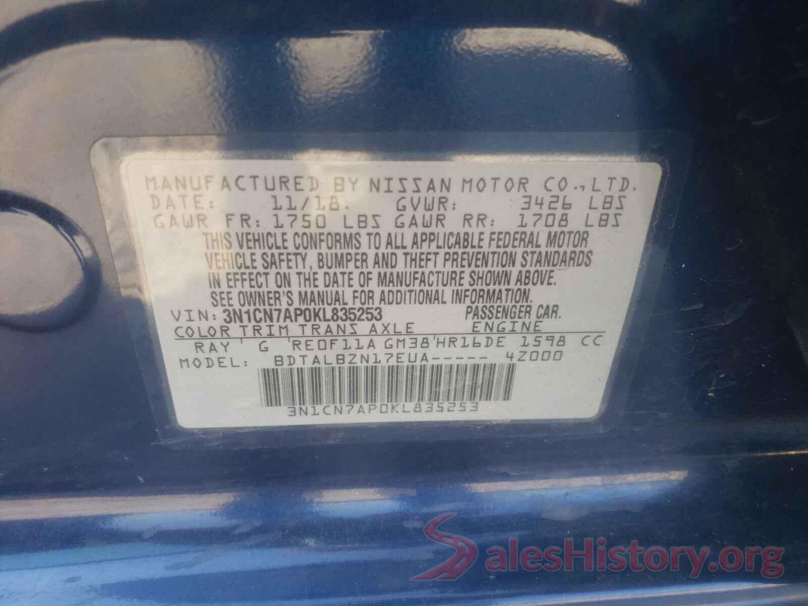 3N1CN7AP0KL835253 2019 NISSAN VERSA