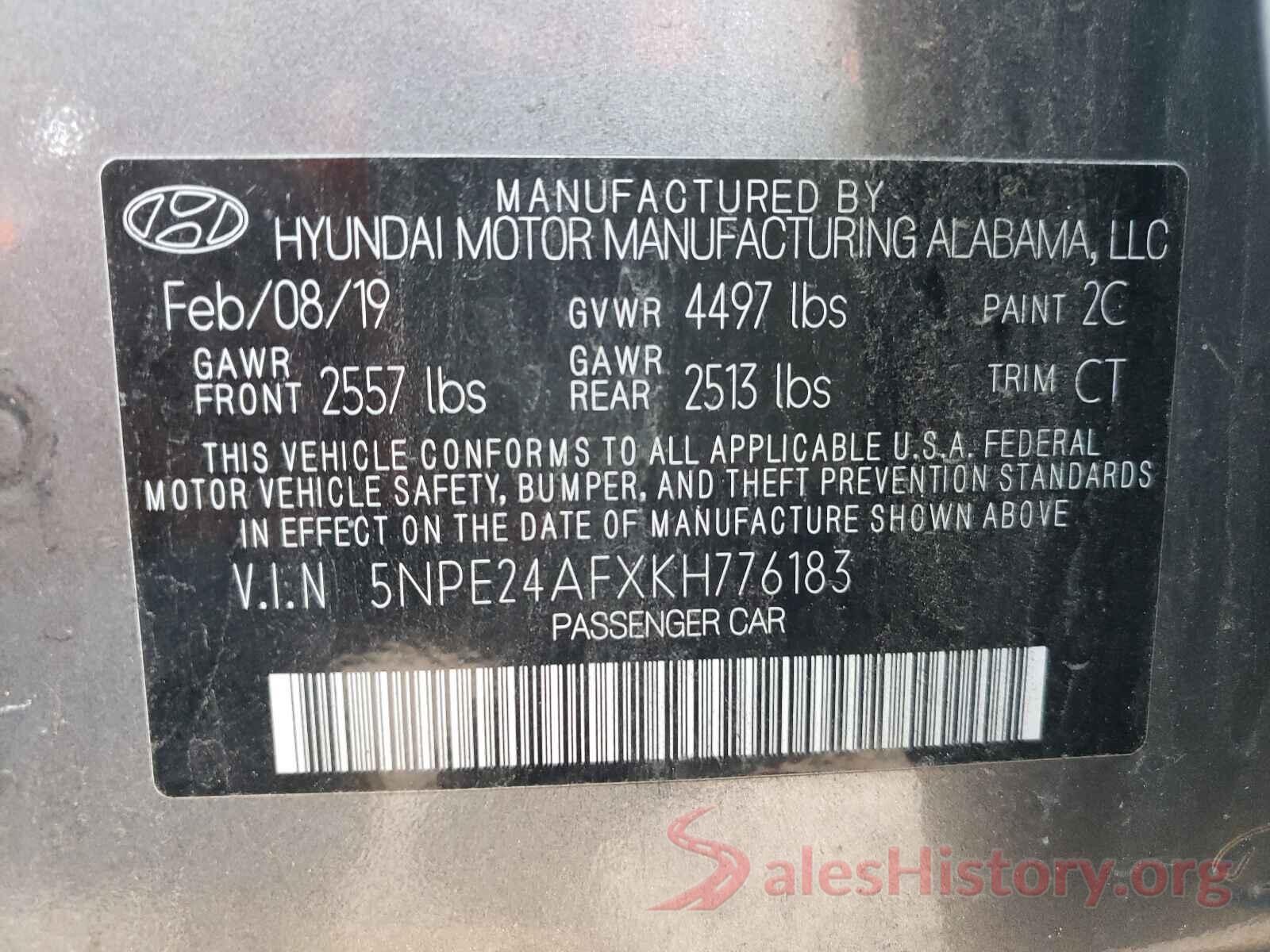 5NPE24AFXKH776183 2019 HYUNDAI SONATA