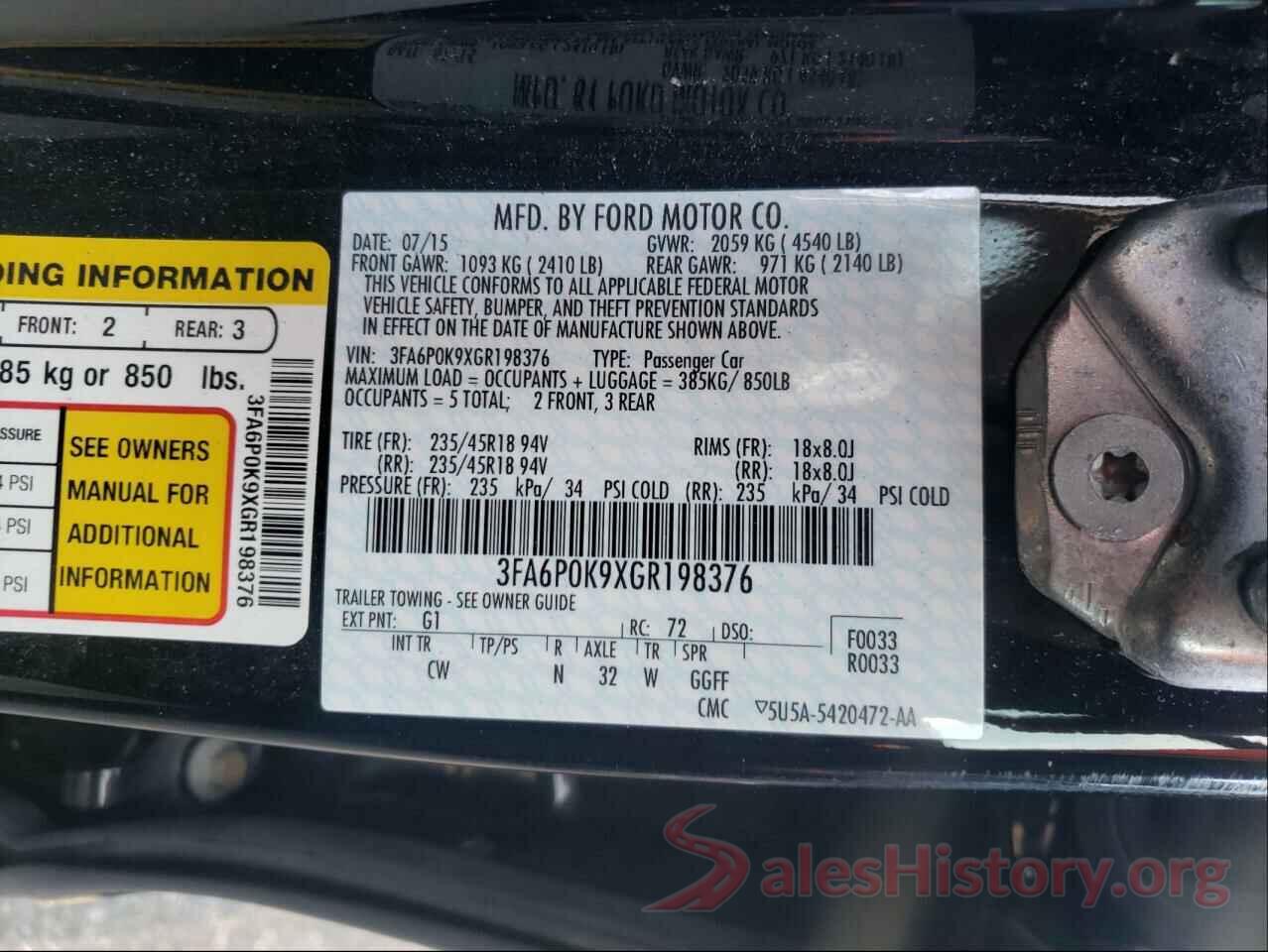 3FA6P0K9XGR198376 2016 FORD FUSION