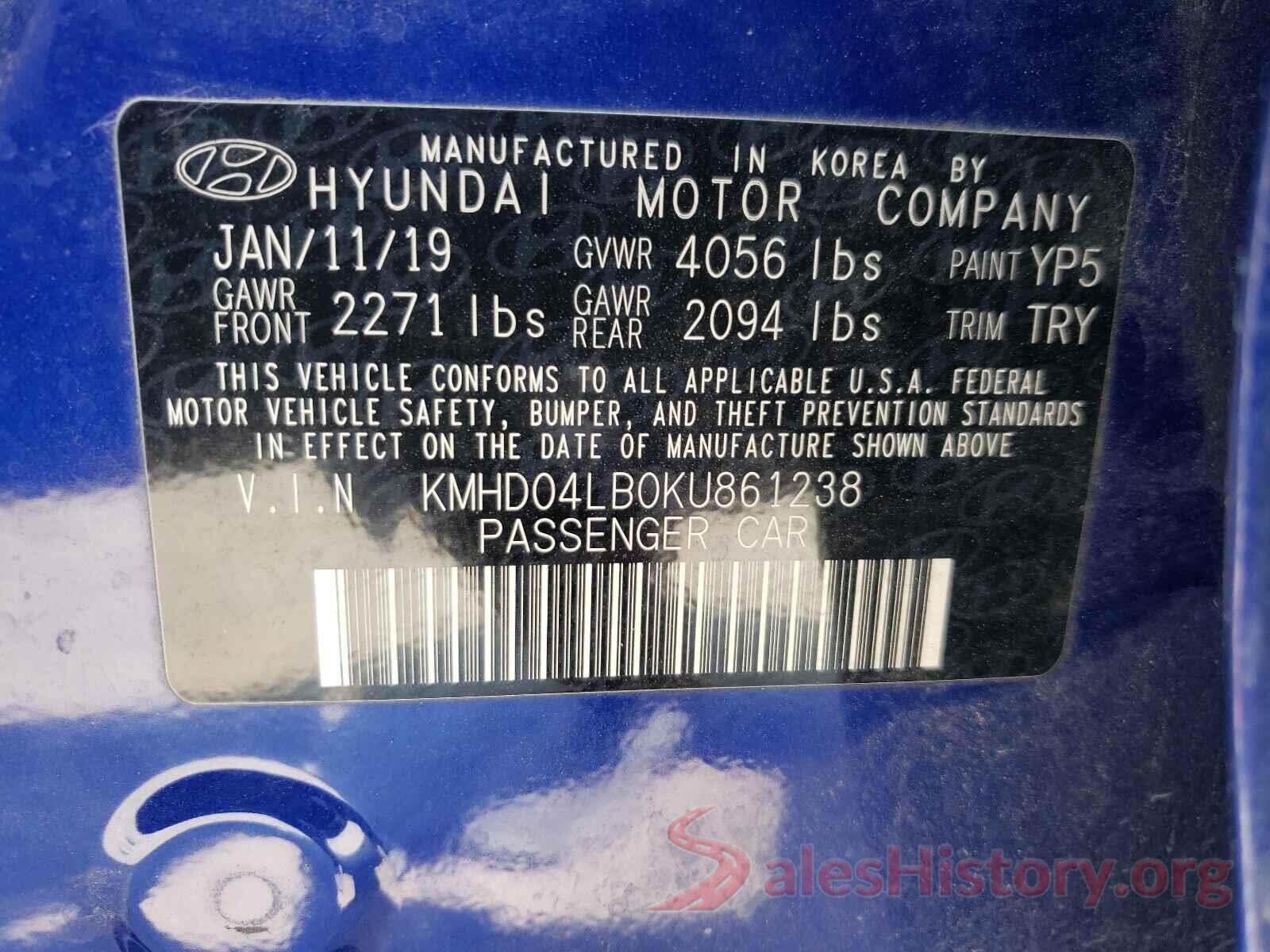 KMHD04LB0KU861238 2019 HYUNDAI ELANTRA