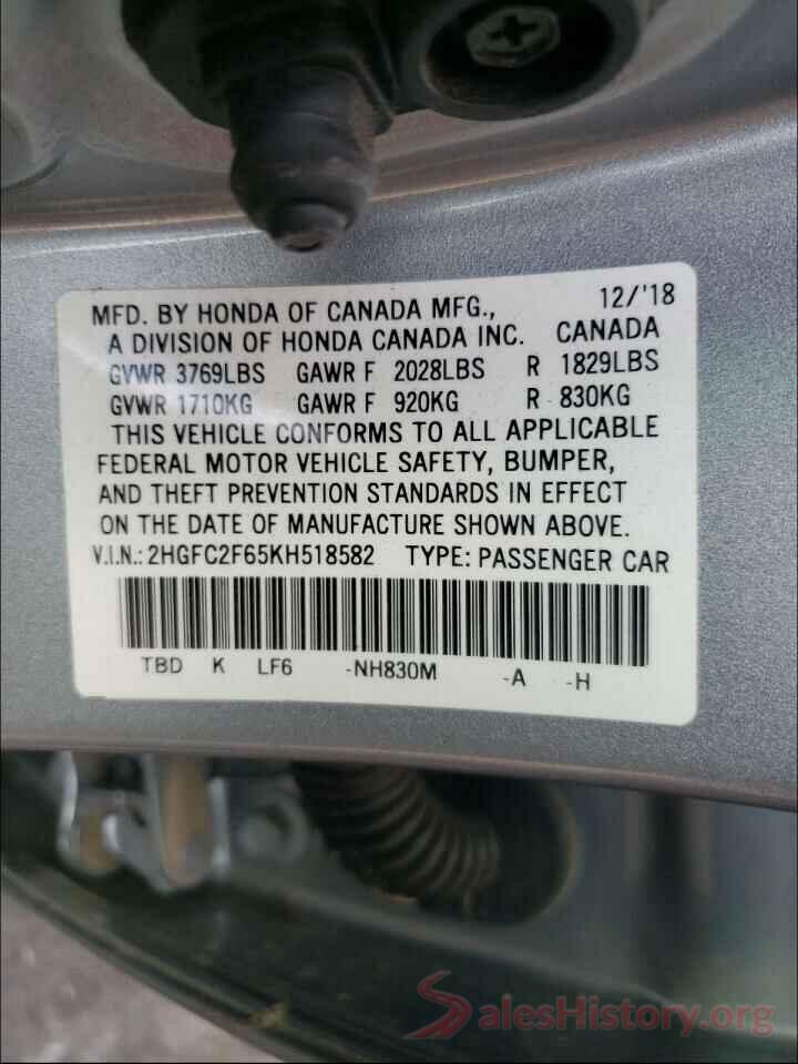 2HGFC2F65KH518582 2019 HONDA CIVIC