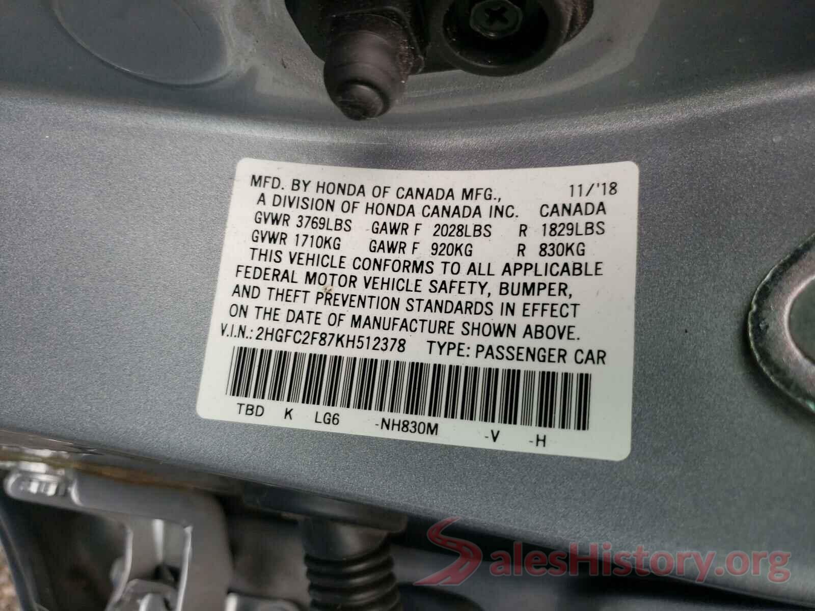 2HGFC2F87KH512378 2019 HONDA CIVIC