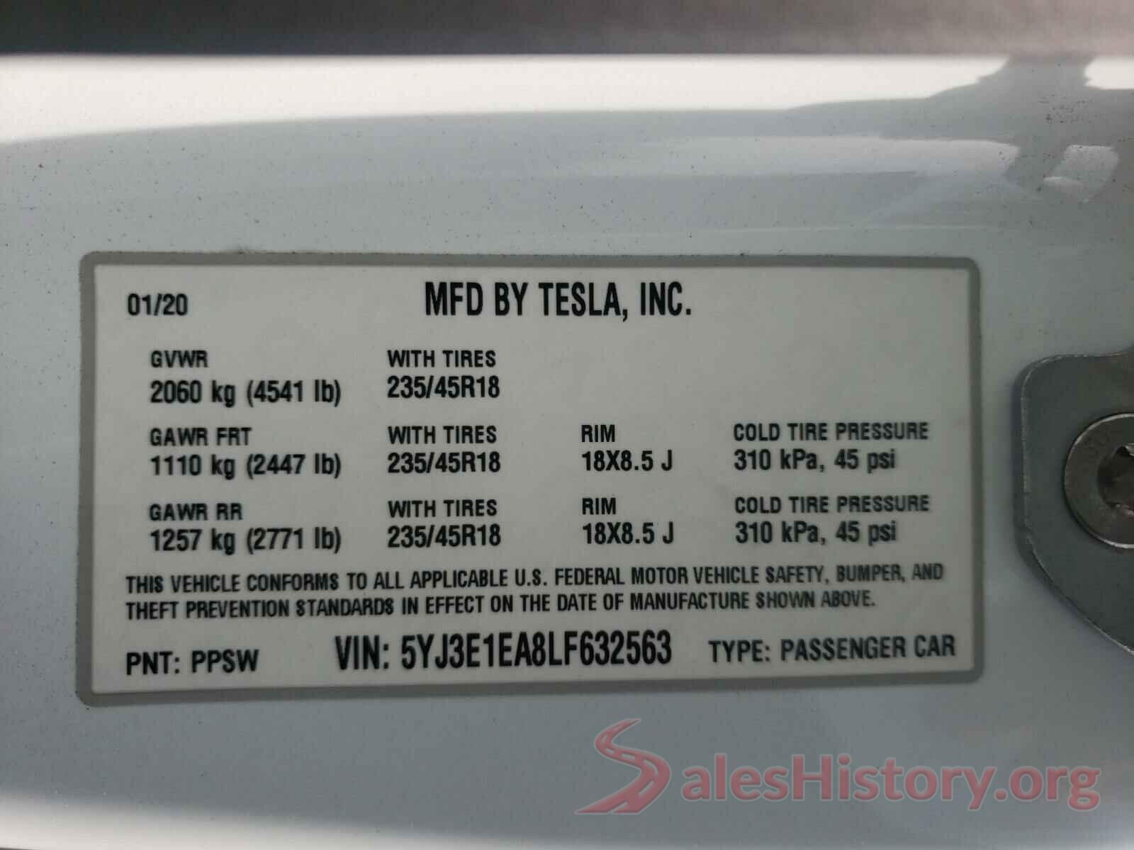 5YJ3E1EA8LF632563 2020 TESLA MODEL 3