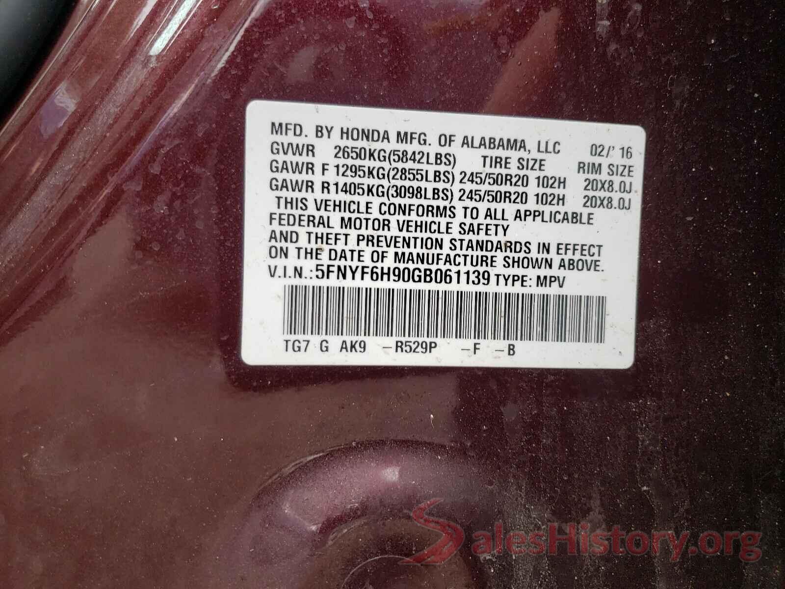 5FNYF6H90GB061139 2016 HONDA PILOT