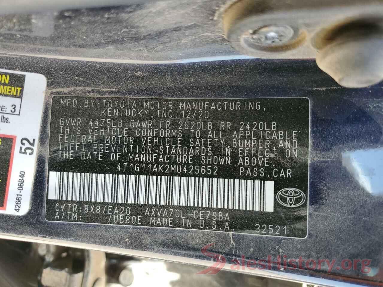 4T1G11AK2MU425652 2021 TOYOTA CAMRY