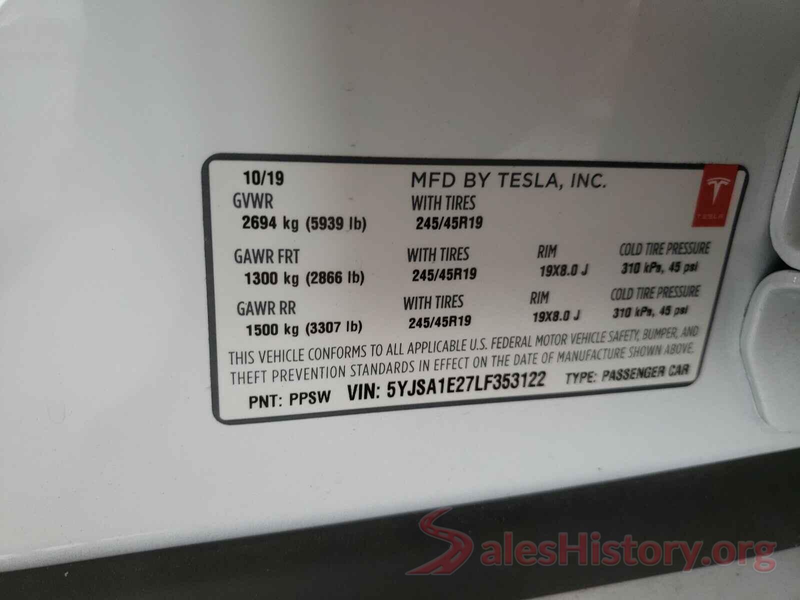 5YJSA1E27LF353122 2020 TESLA MODEL S