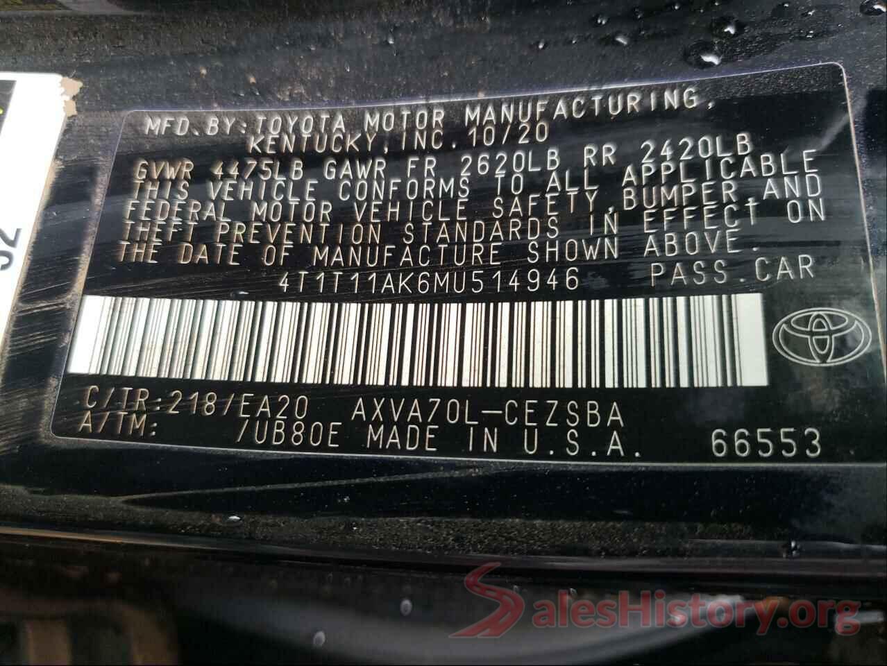 4T1T11AK6MU514946 2021 TOYOTA CAMRY