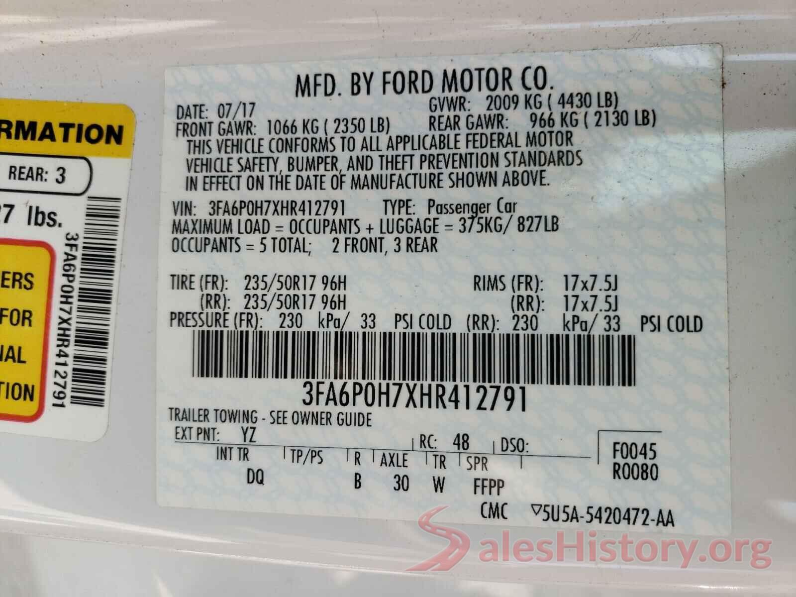 3FA6P0H7XHR412791 2017 FORD FUSION