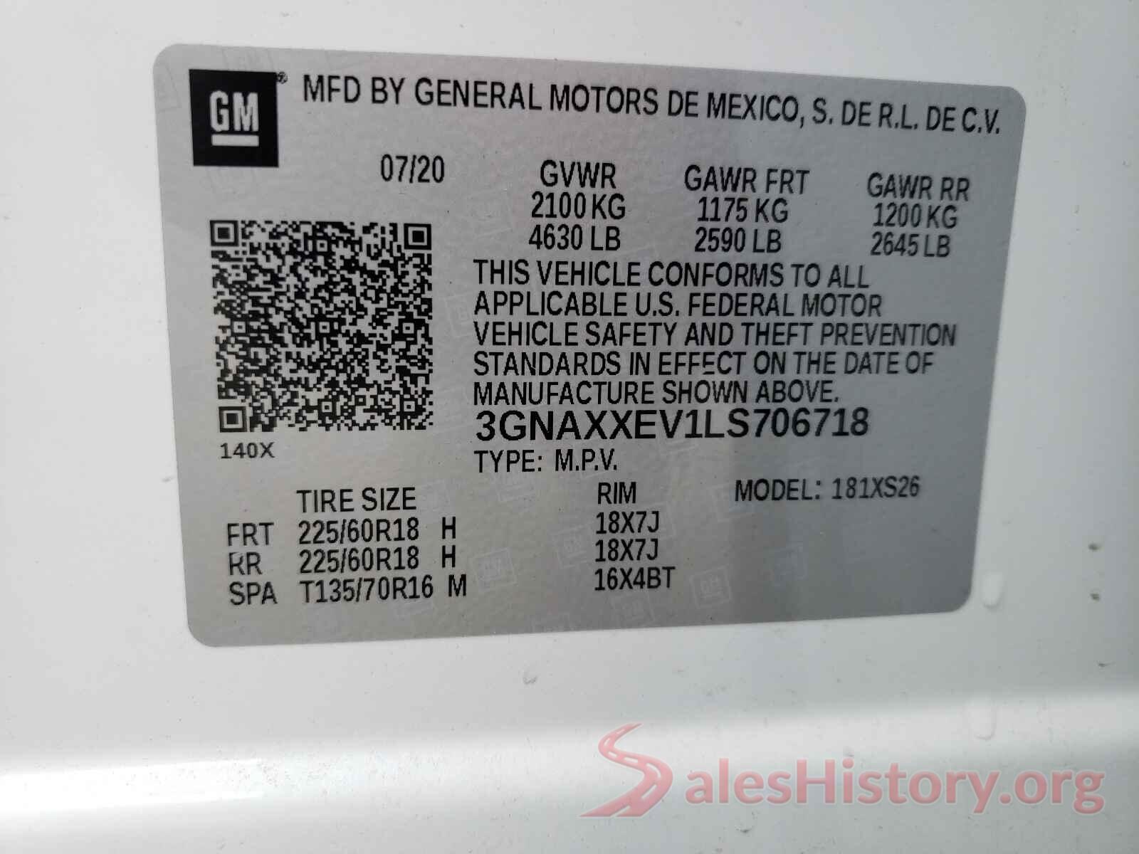 3GNAXXEV1LS706718 2020 CHEVROLET EQUINOX