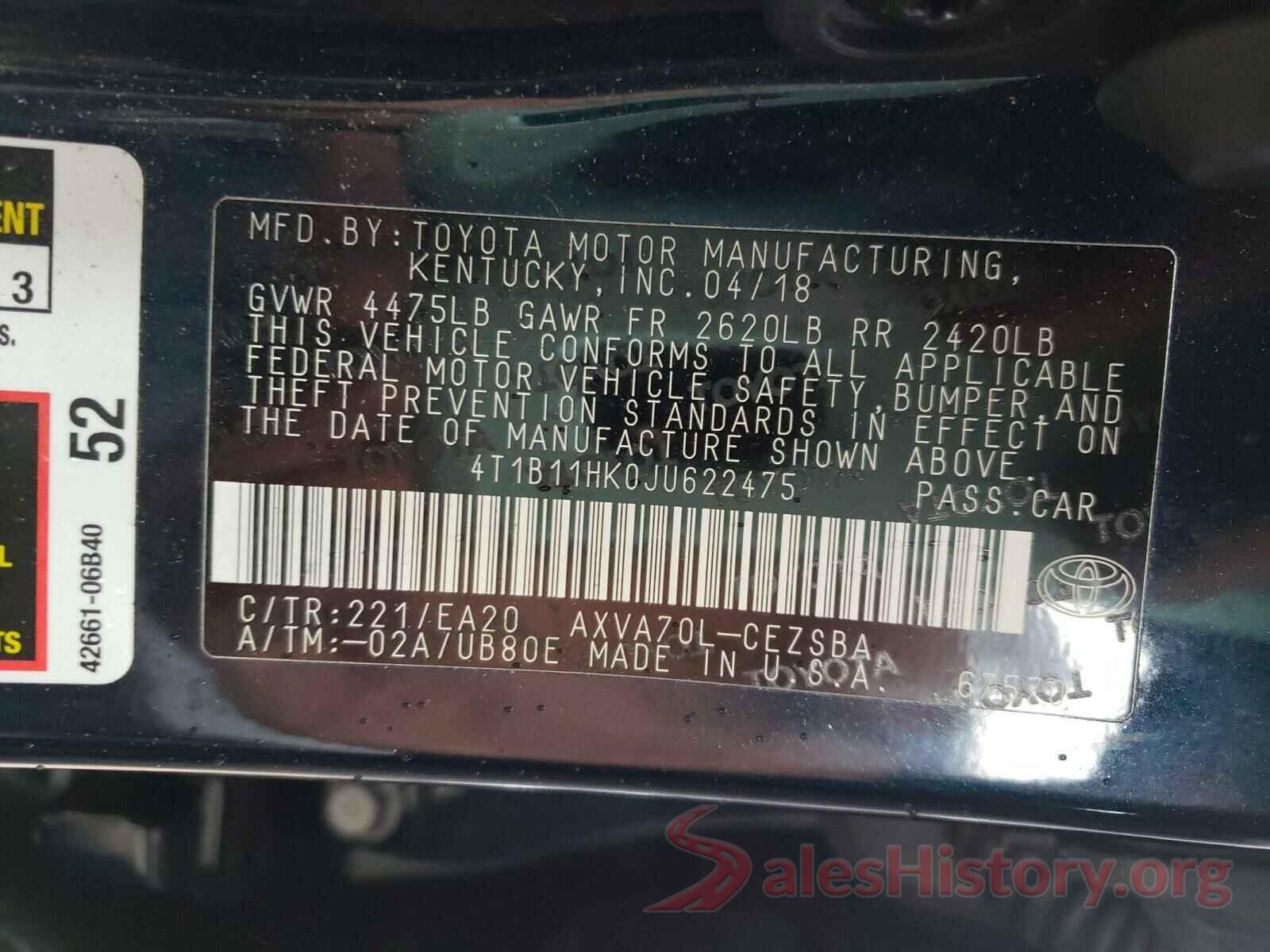 4T1B11HK0JU622475 2018 TOYOTA CAMRY