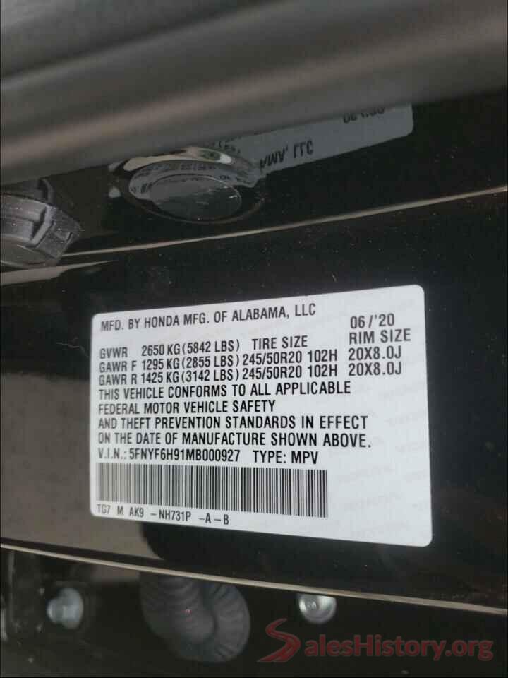 5FNYF6H91MB000927 2021 HONDA PILOT