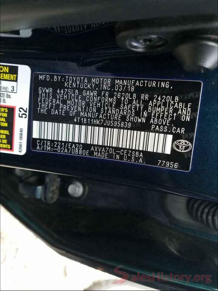 4T1B11HK7JU595839 2018 TOYOTA CAMRY