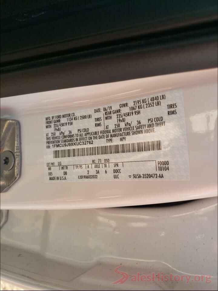 1FMCU9J9XKUC32762 2019 FORD ESCAPE