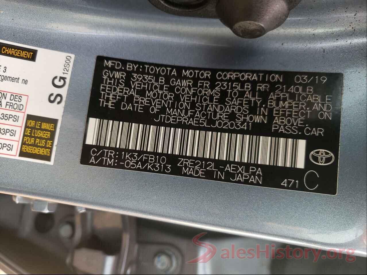 JTDEPRAE5LJ020341 2020 TOYOTA COROLLA