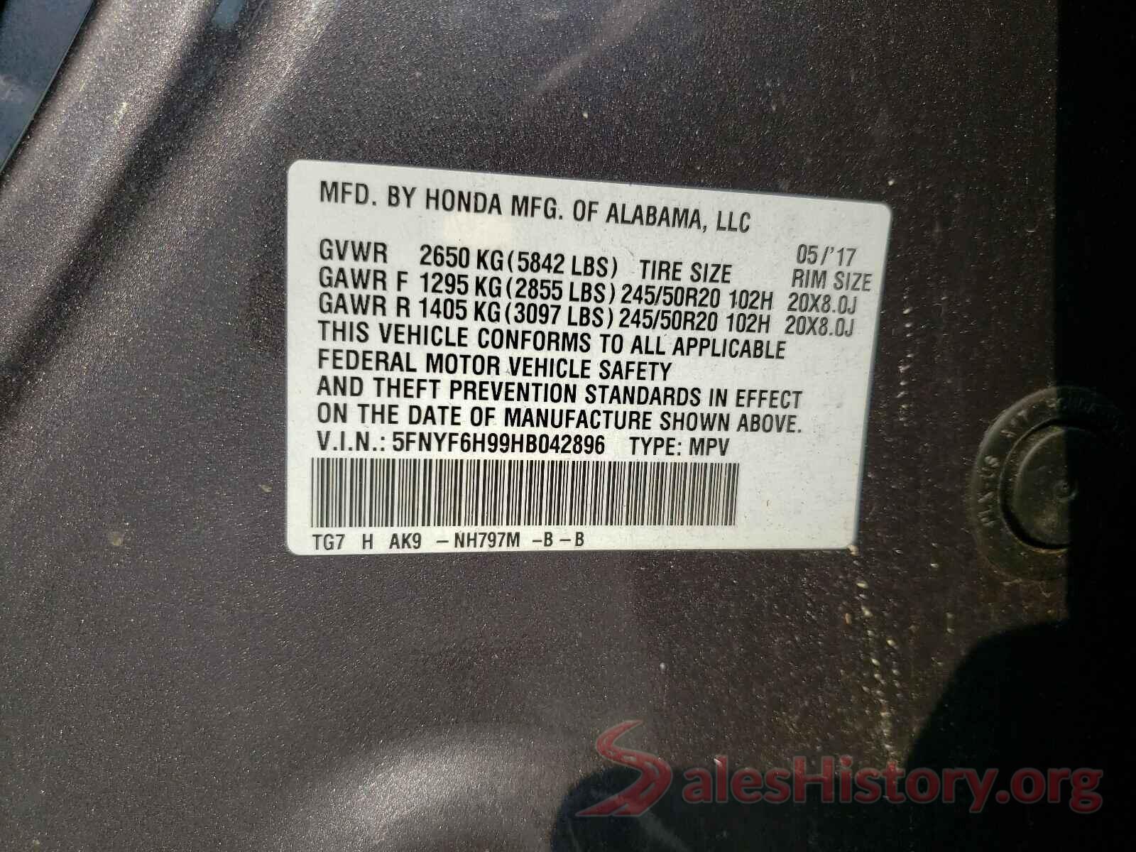 5FNYF6H99HB042896 2017 HONDA PILOT