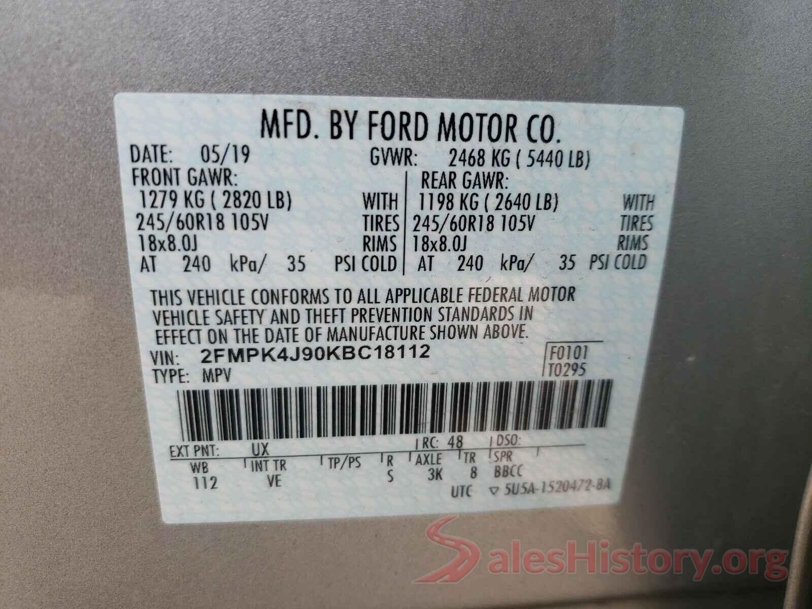 2FMPK4J90KBC18112 2019 FORD EDGE