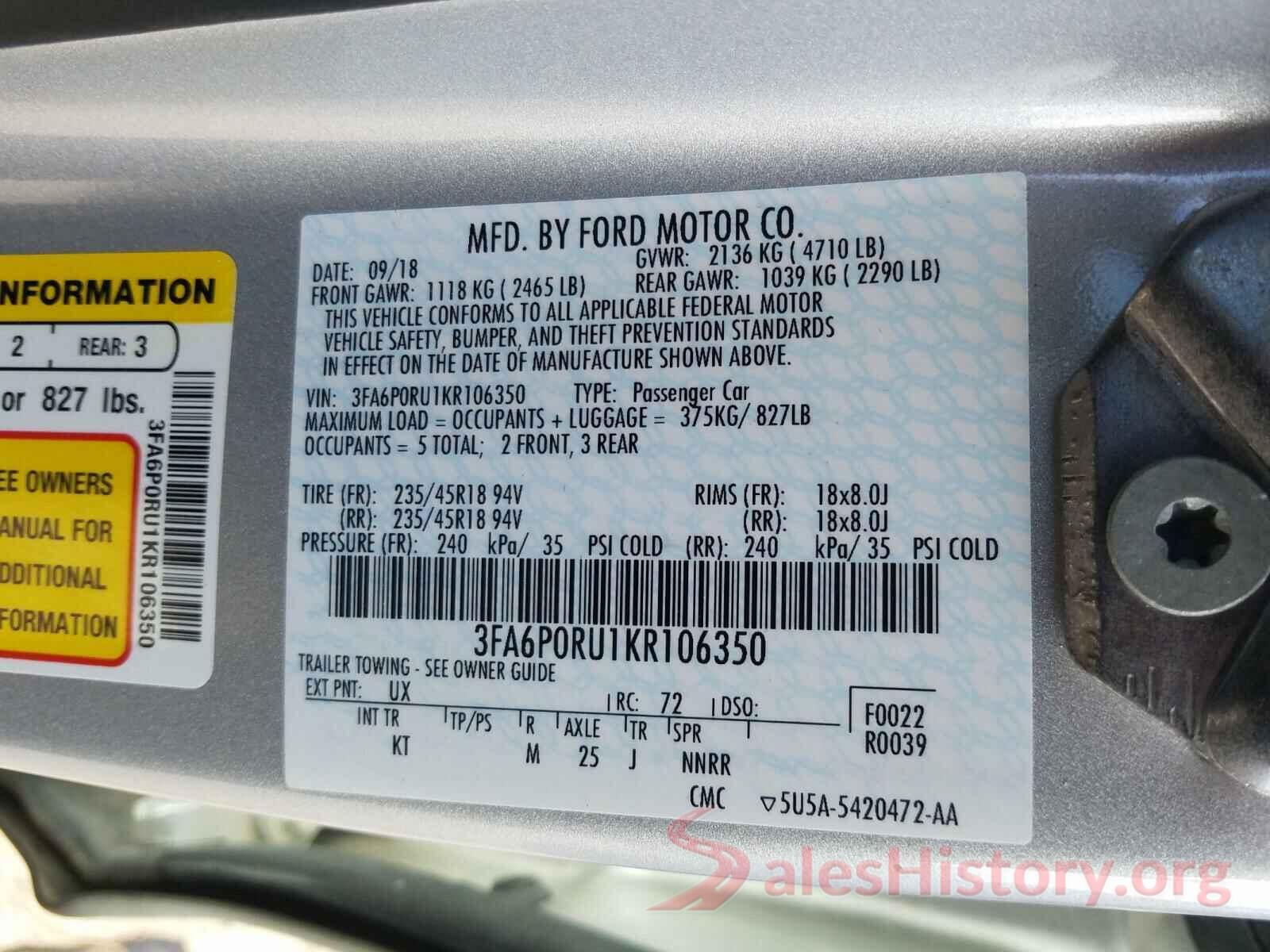 3FA6P0RU1KR106350 2019 FORD FUSION