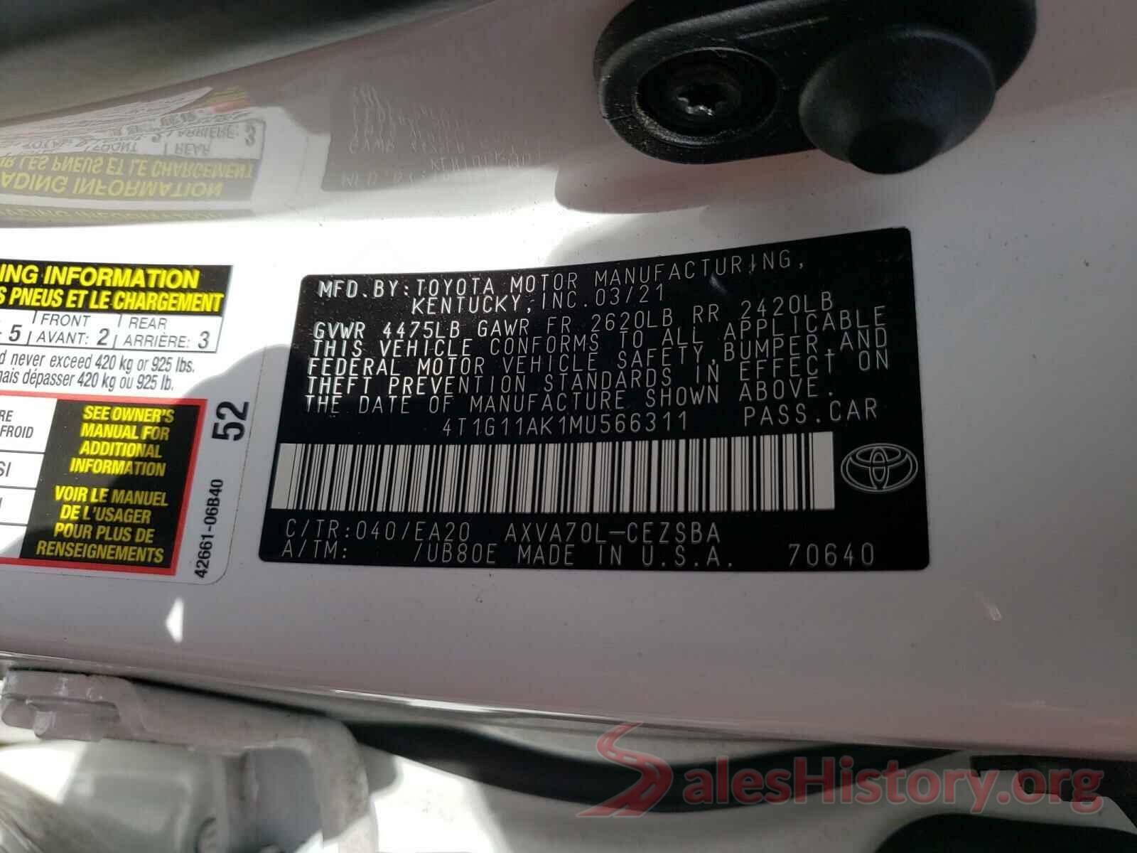 4T1G11AK1MU566311 2021 TOYOTA CAMRY