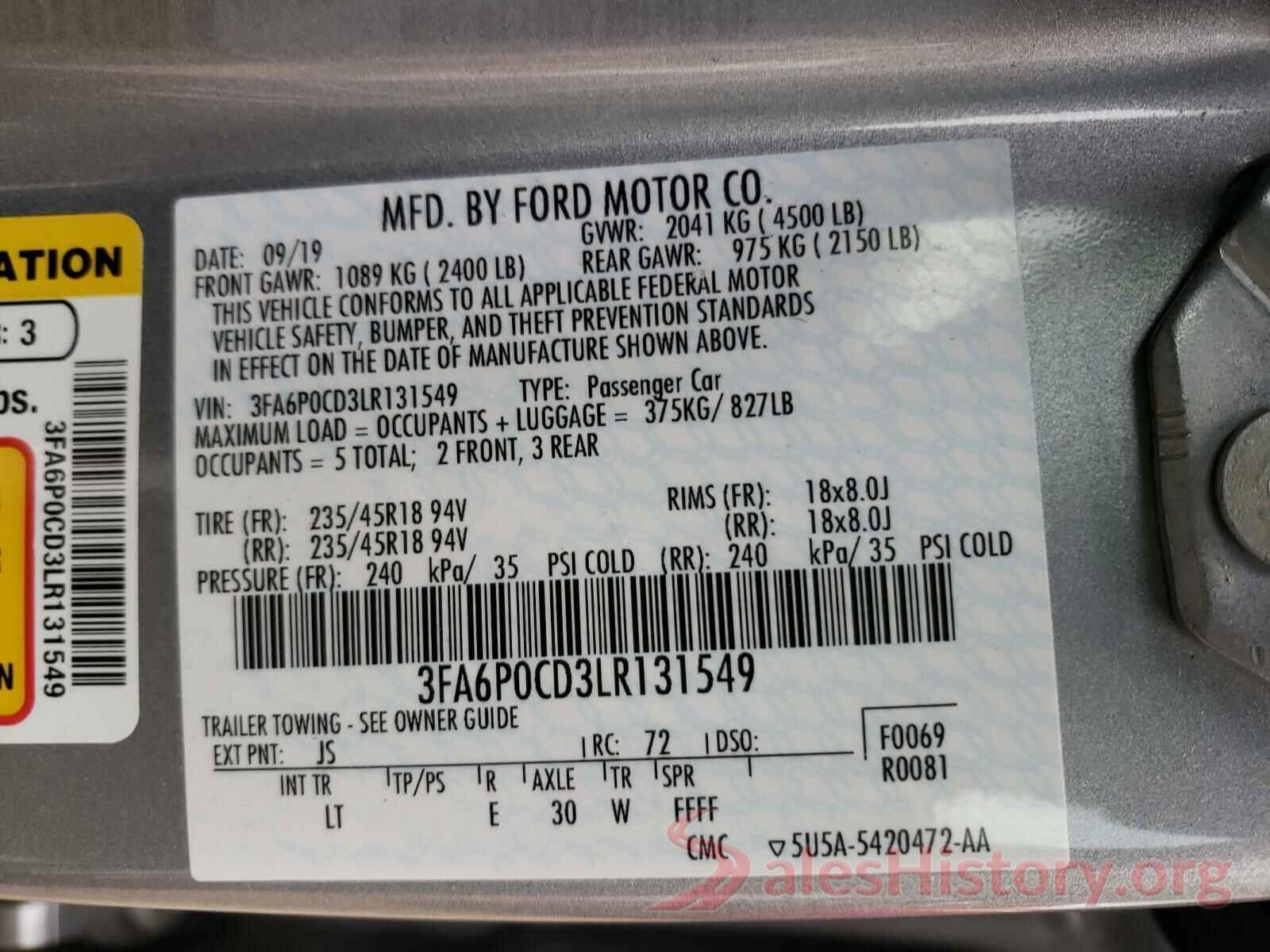 3FA6P0CD3LR131549 2020 FORD FUSION