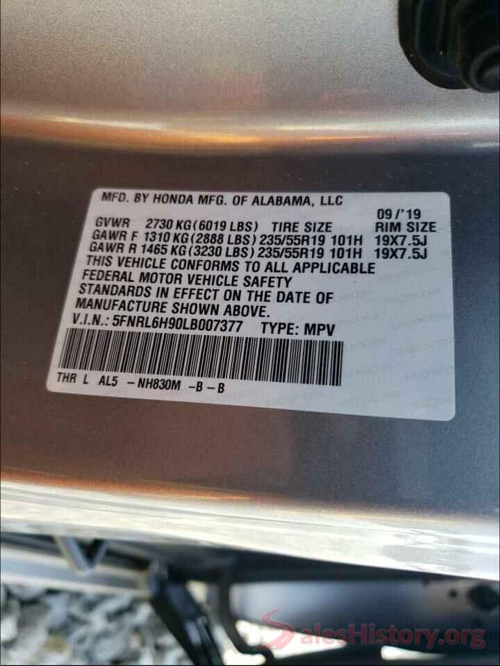 5FNRL6H90LB007377 2020 HONDA ODYSSEY