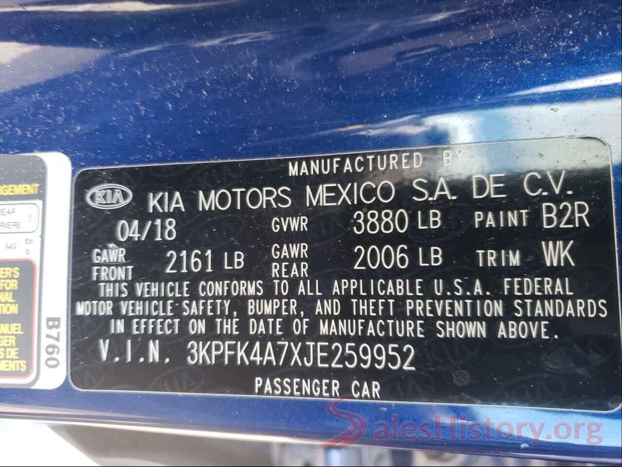 3KPFK4A7XJE259952 2018 KIA FORTE