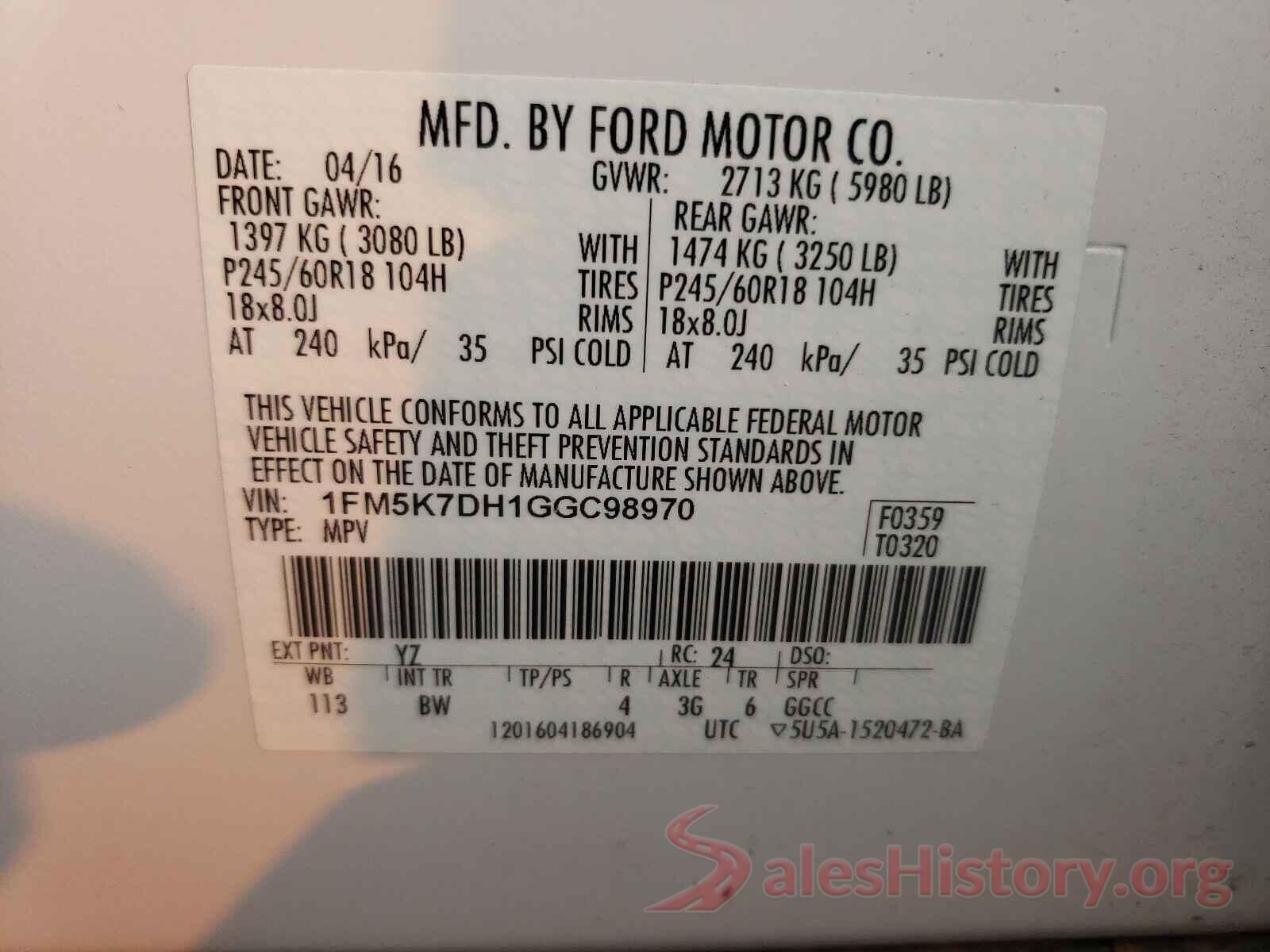 1FM5K7DH1GGC98970 2016 FORD EXPLORER