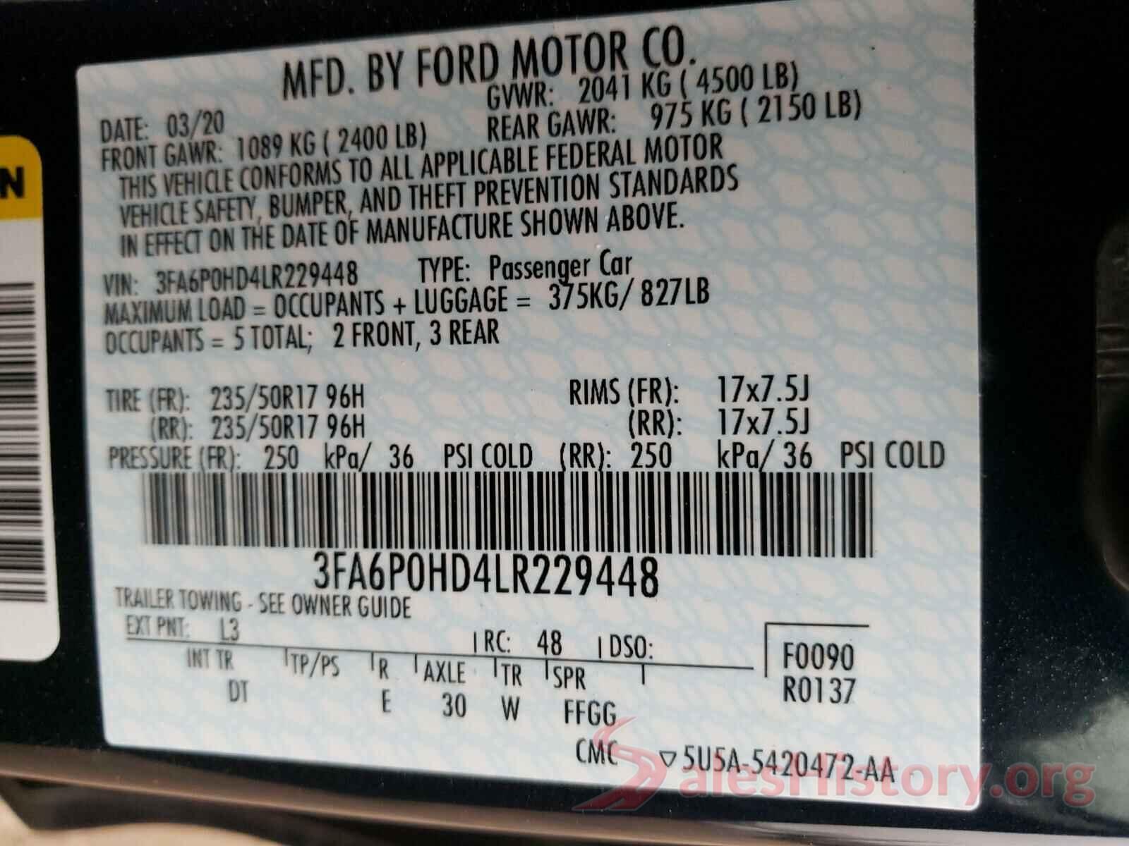 3FA6P0HD4LR229448 2020 FORD FUSION