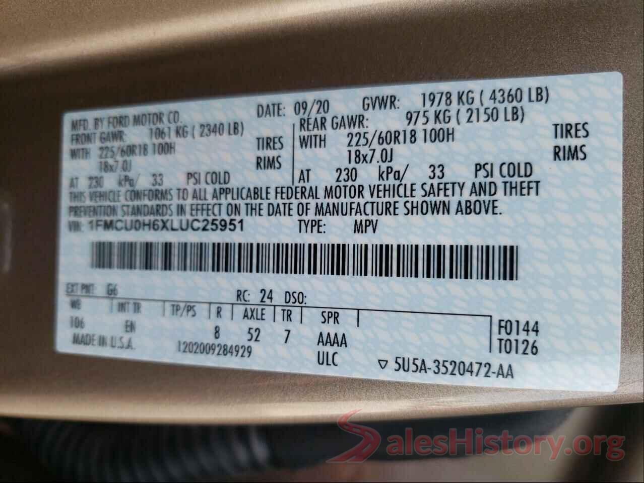 1FMCU0H6XLUC25951 2020 FORD ESCAPE