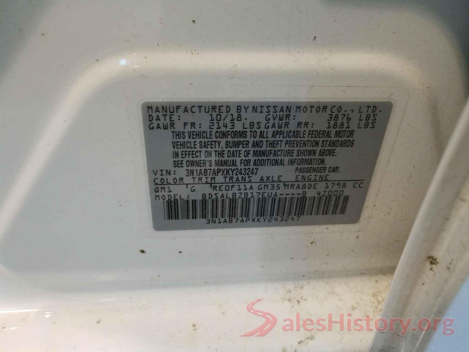 3N1AB7APXKY243247 2019 NISSAN SENTRA