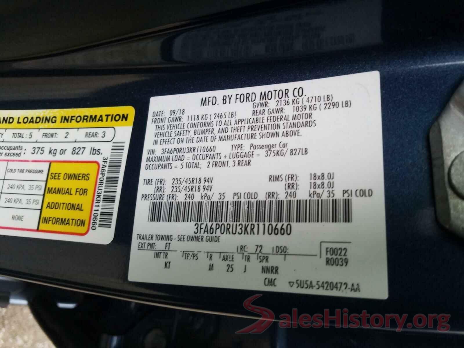 3FA6P0RU3KR110660 2019 FORD FUSION