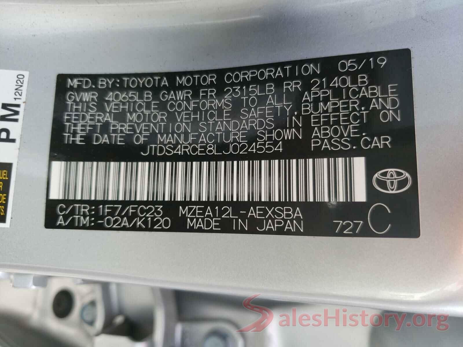 JTDS4RCE8LJ024554 2020 TOYOTA COROLLA