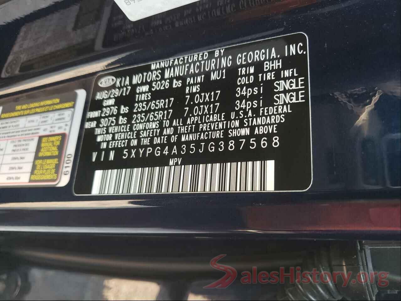 5XYPG4A35JG387568 2018 KIA SORENTO