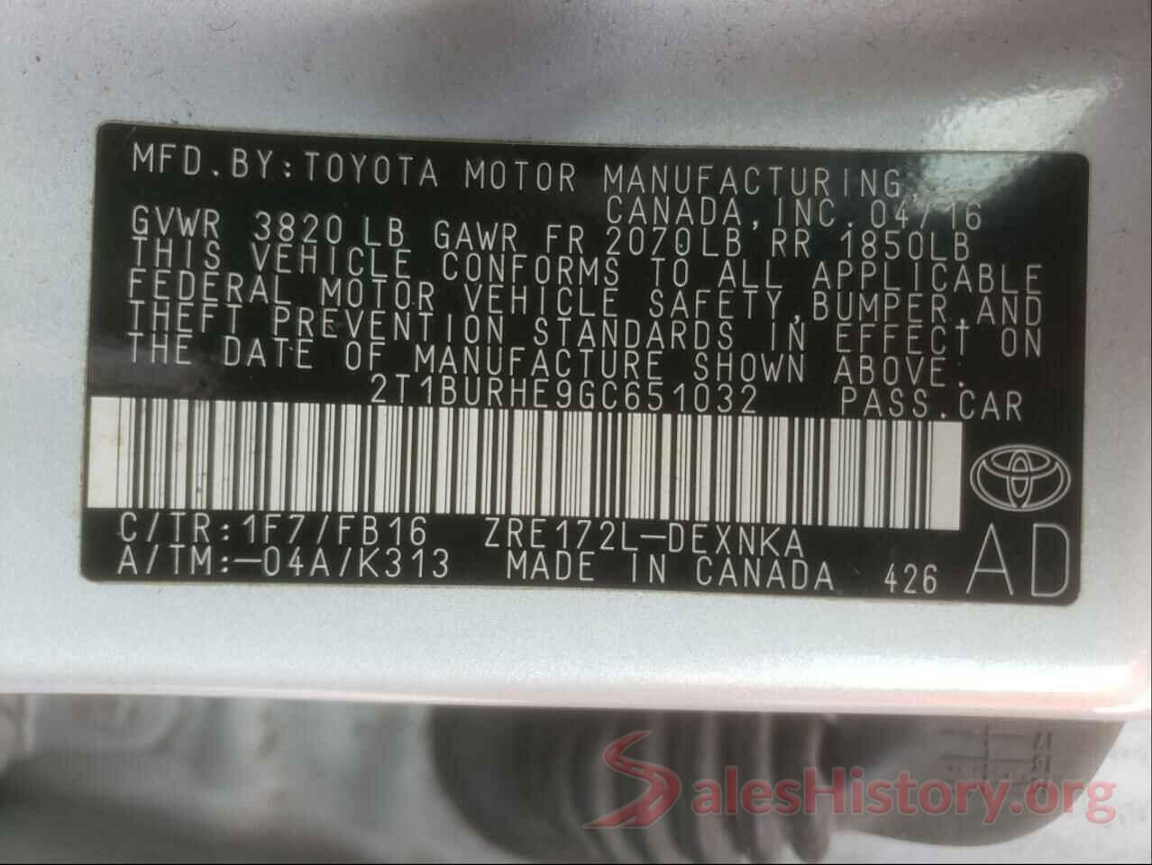 2T1BURHE9GC651032 2016 TOYOTA COROLLA