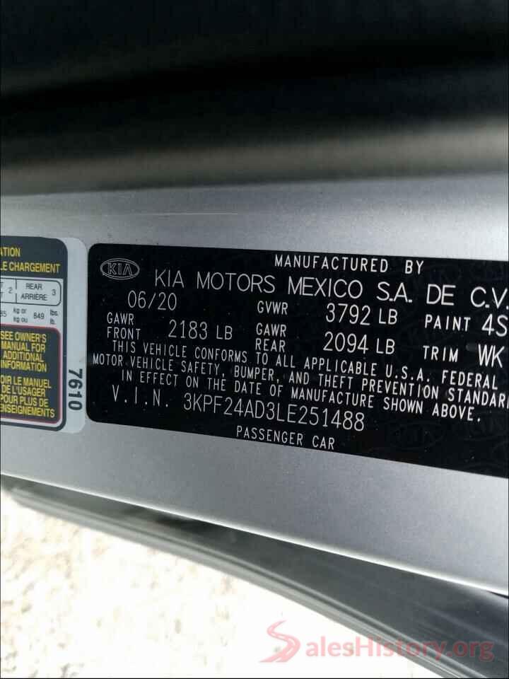 3KPF24AD3LE251488 2020 KIA FORTE