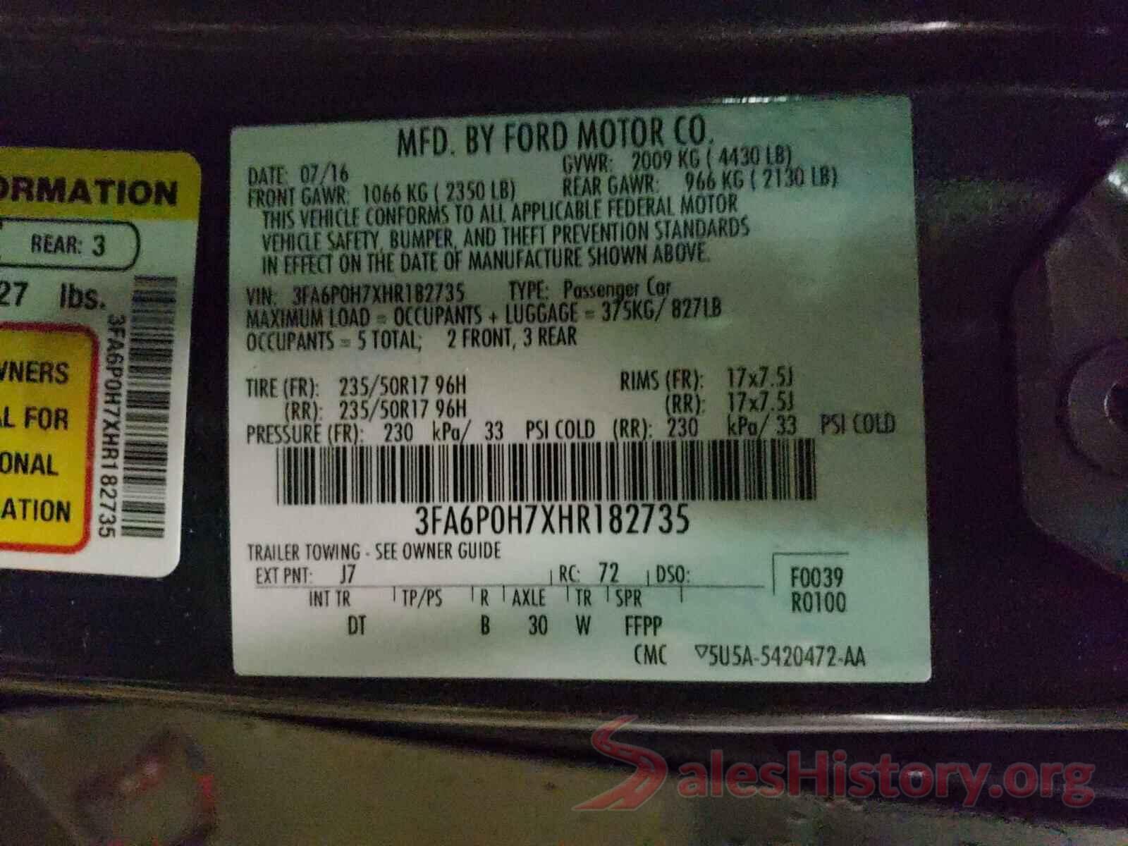 3FA6P0H7XHR182735 2017 FORD FUSION