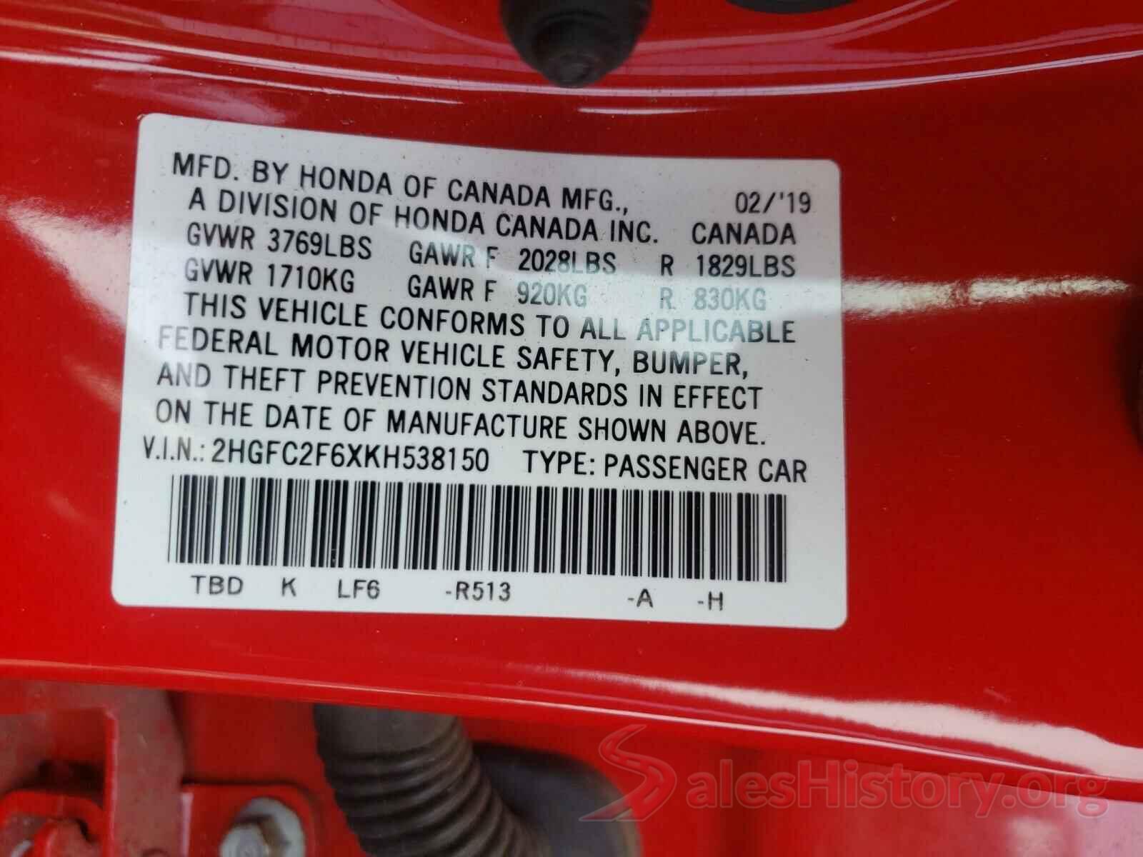 2HGFC2F6XKH538150 2019 HONDA CIVIC