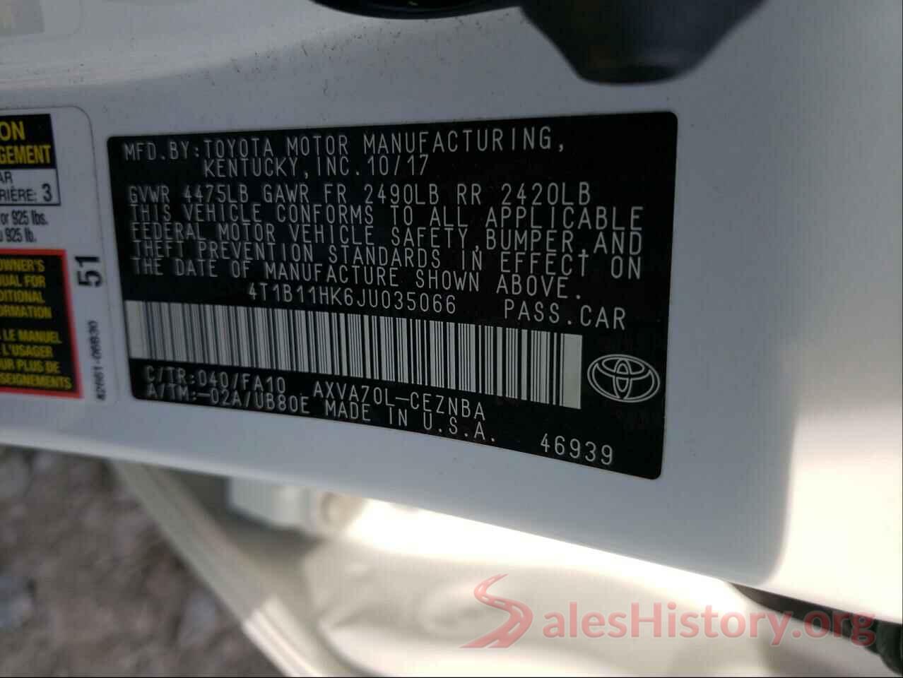 4T1B11HK6JU035066 2018 TOYOTA CAMRY