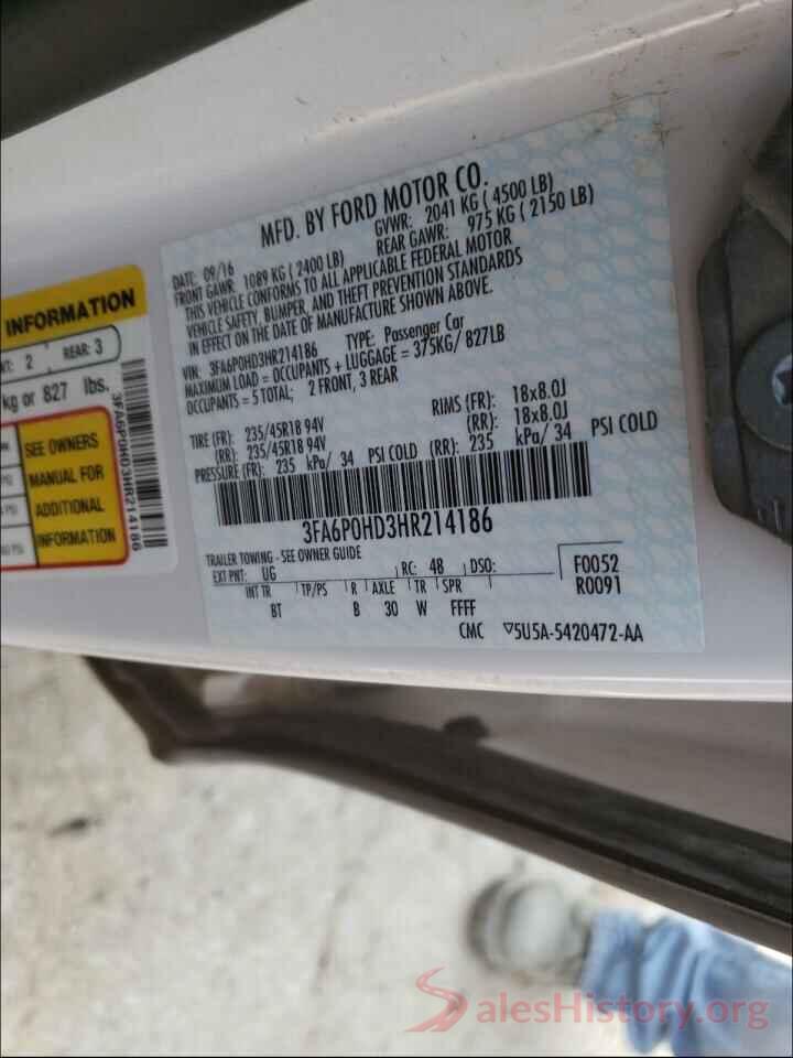 3FA6P0HD3HR214186 2017 FORD FUSION