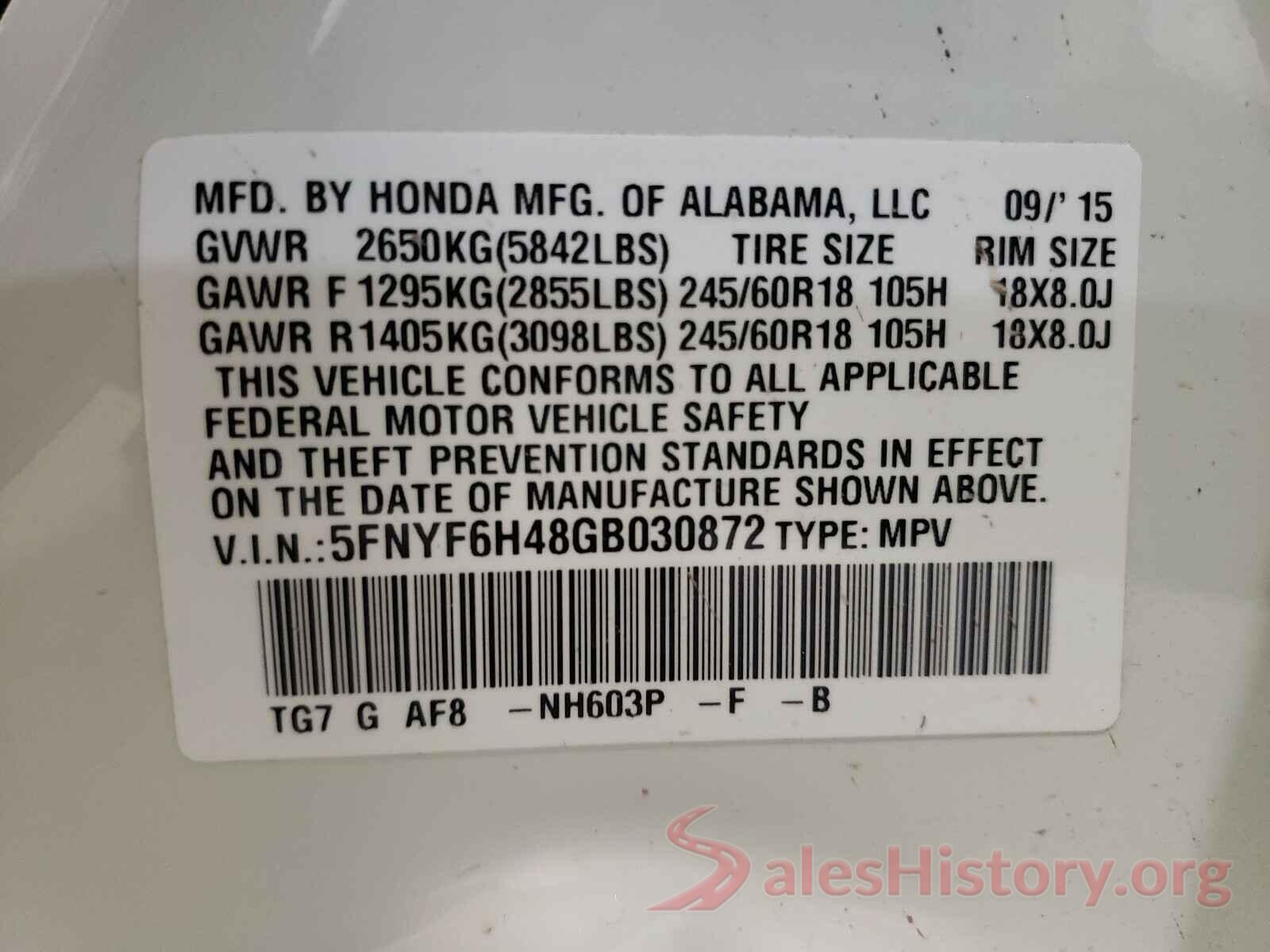 5FNYF6H48GB030872 2016 HONDA PILOT