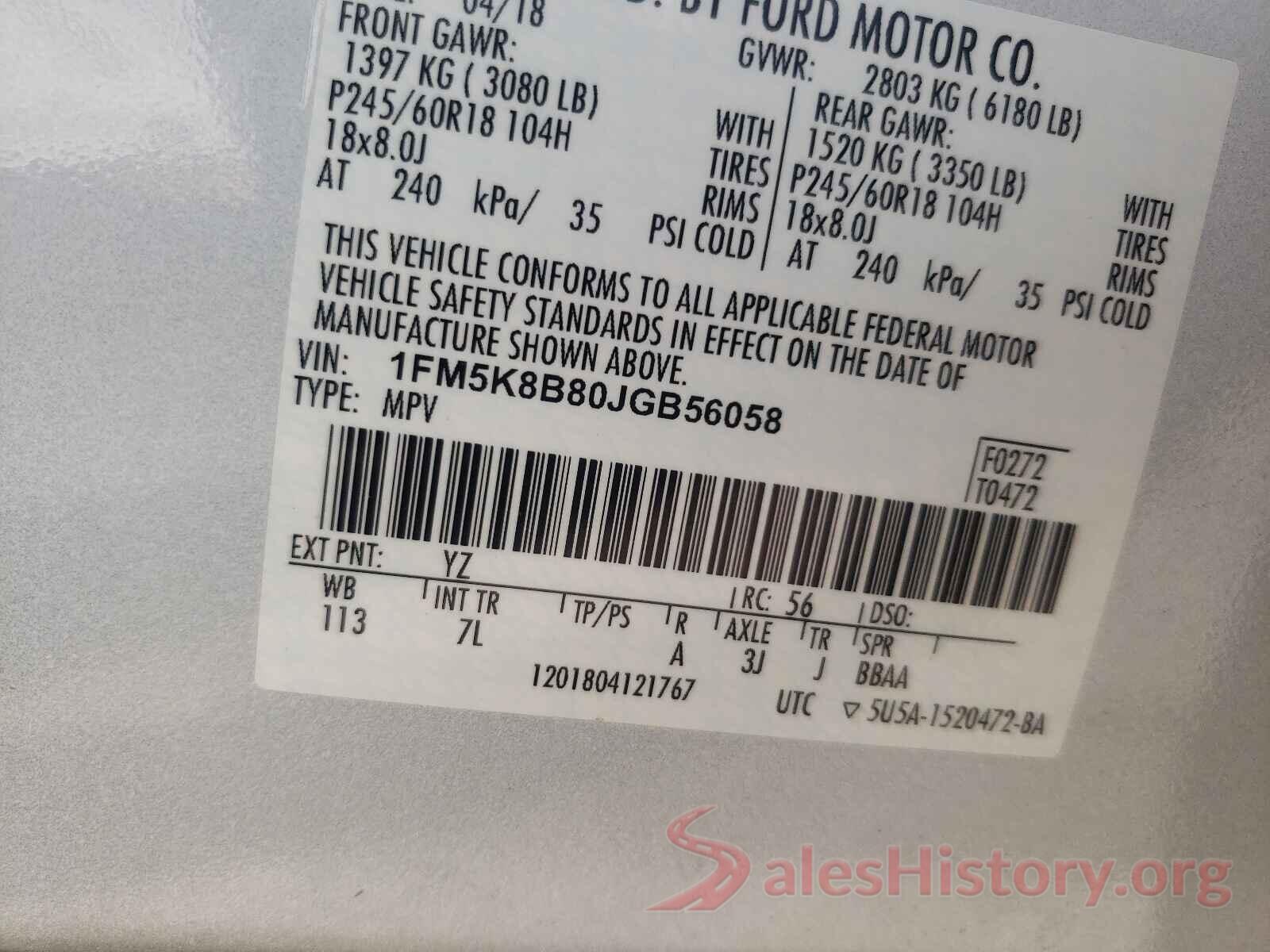 1FM5K8B80JGB56058 2018 FORD EXPLORER