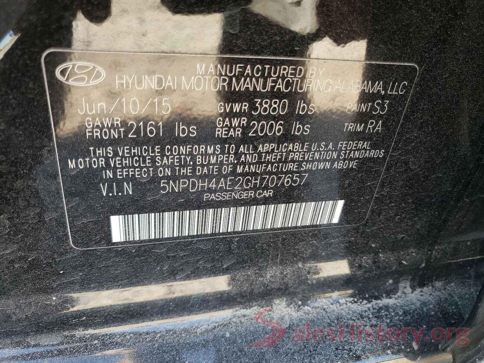 5NPDH4AE2GH707657 2016 HYUNDAI ELANTRA