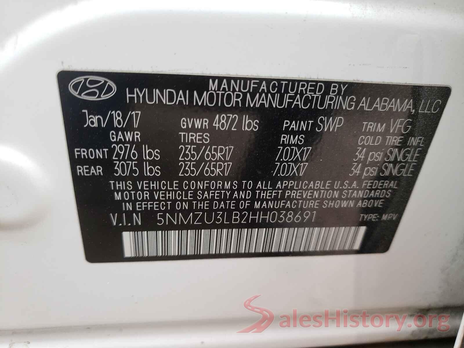 5NMZU3LB2HH038691 2017 HYUNDAI SANTA FE