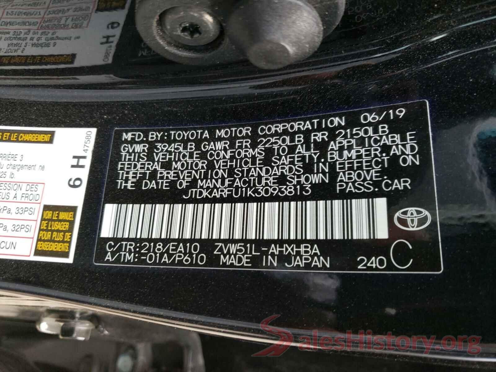 JTDKARFU1K3093813 2019 TOYOTA PRIUS