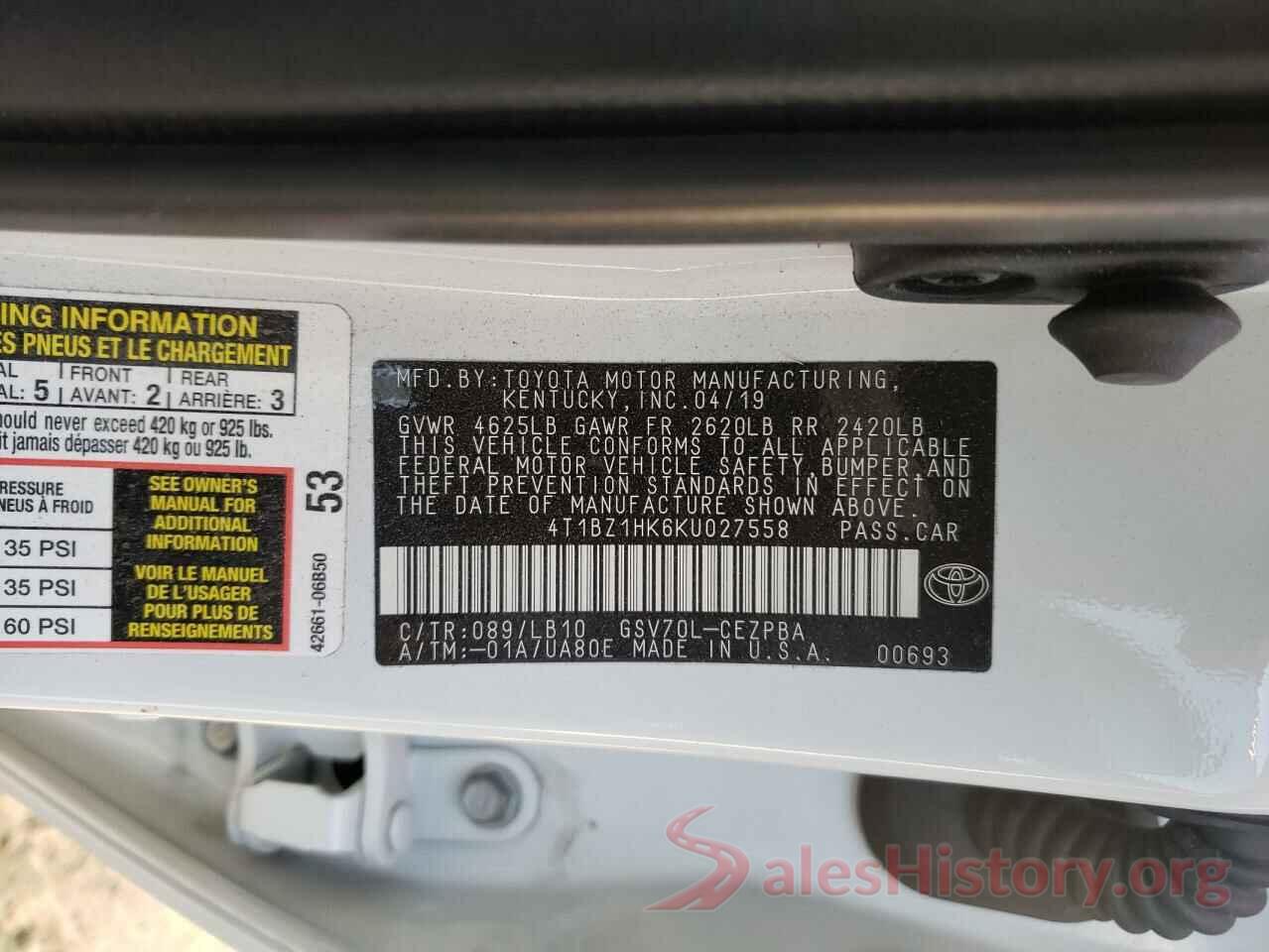 4T1BZ1HK6KU027558 2019 TOYOTA CAMRY