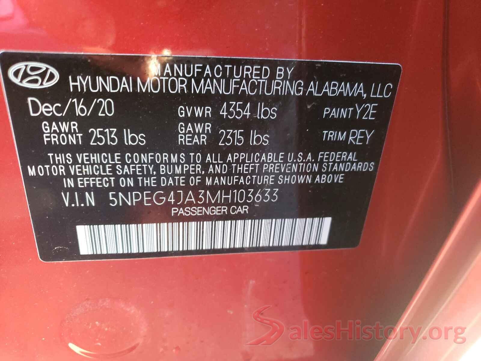 5NPEG4JA3MH103633 2021 HYUNDAI SONATA