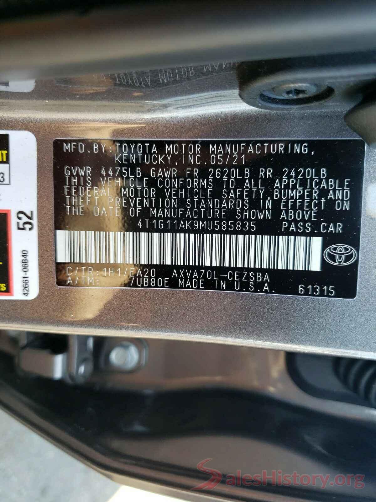 4T1G11AK9MU585835 2021 TOYOTA CAMRY