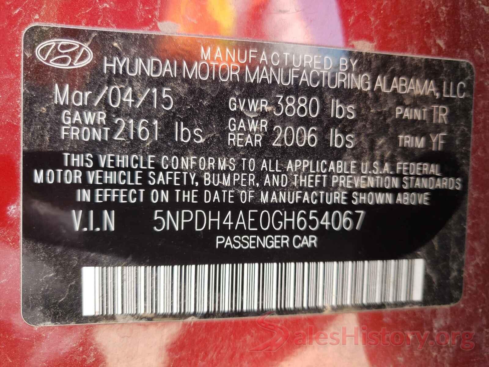 5NPDH4AE0GH654067 2016 HYUNDAI ELANTRA