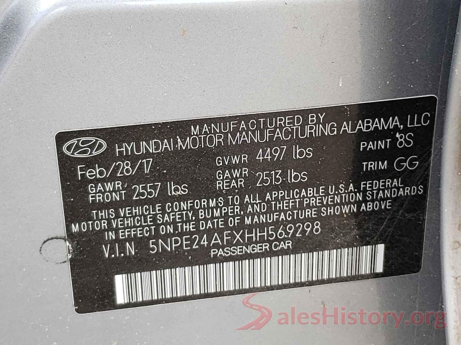 5NPE24AFXHH569298 2017 HYUNDAI SONATA