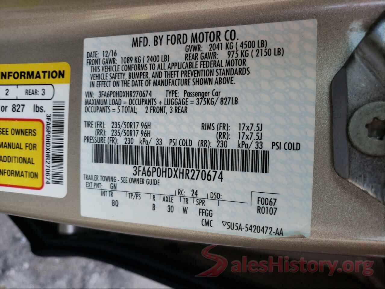 3FA6P0HDXHR270674 2017 FORD FUSION