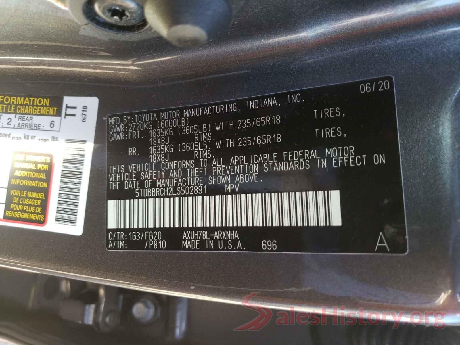 5TDBBRCH2LS502891 2020 TOYOTA HIGHLANDER